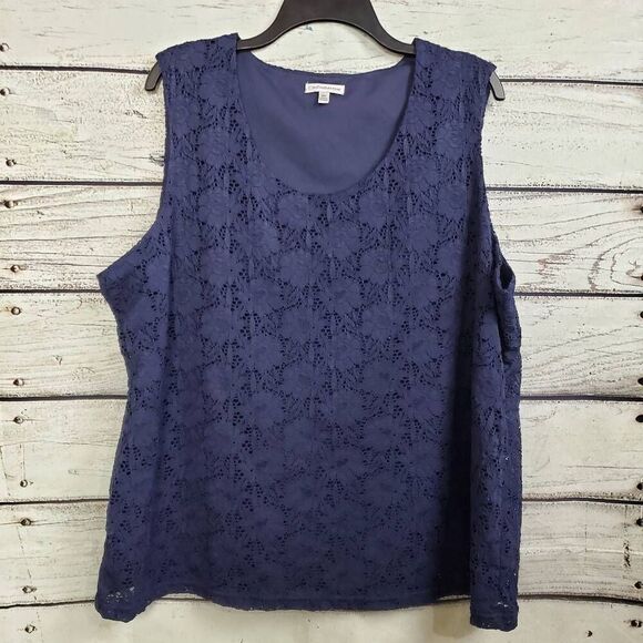 Croft & Barrow 2x Plus Navy Blue Eyelet Lace Blouse - Picture 1 of 6